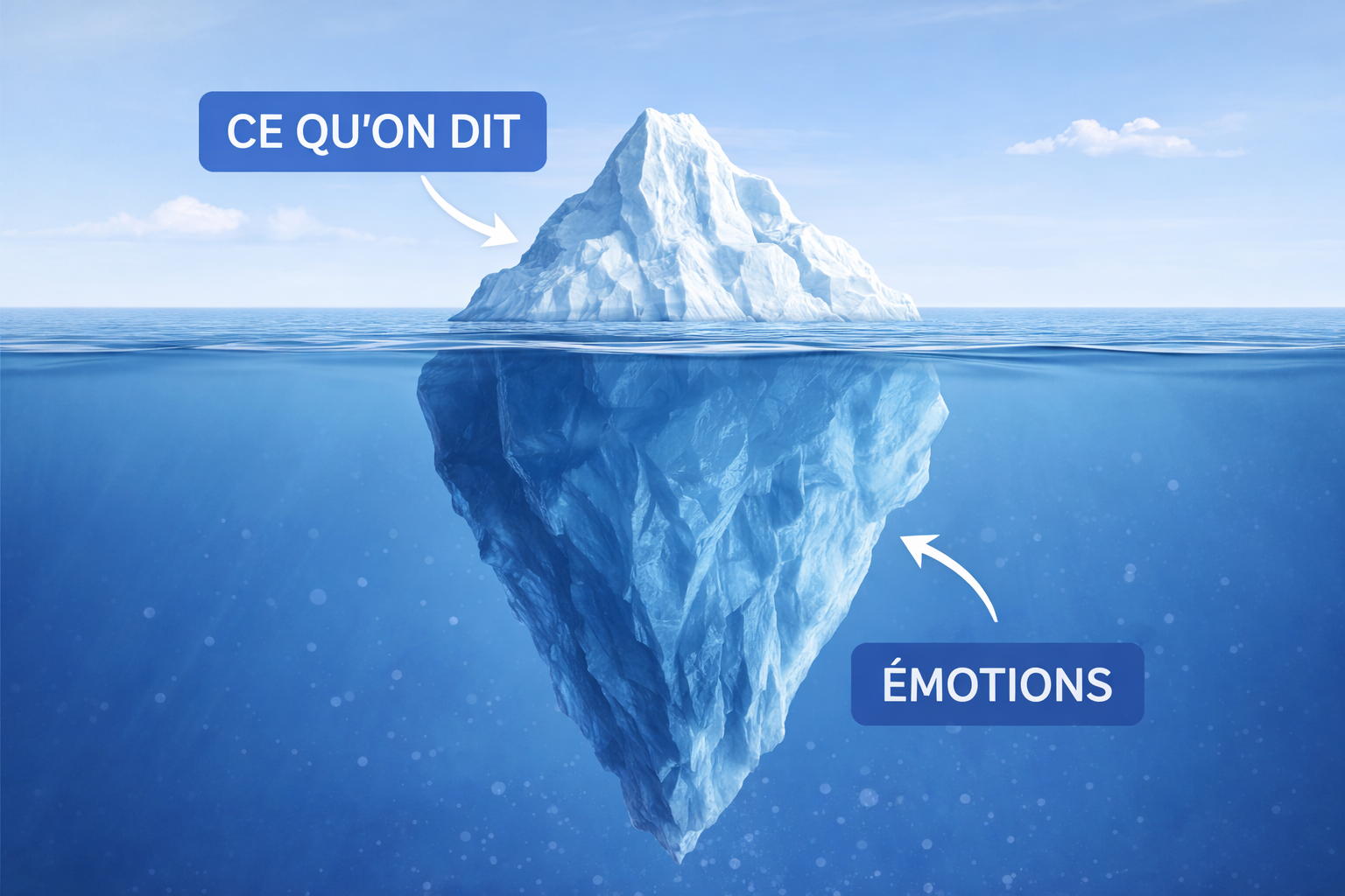 illustration de la méthode DESC avec iceberg montrant la différence entre discours et émotions en communication managériale